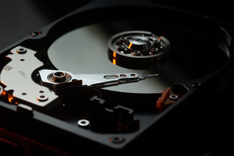 Interior of an opened hard drive during data recovery